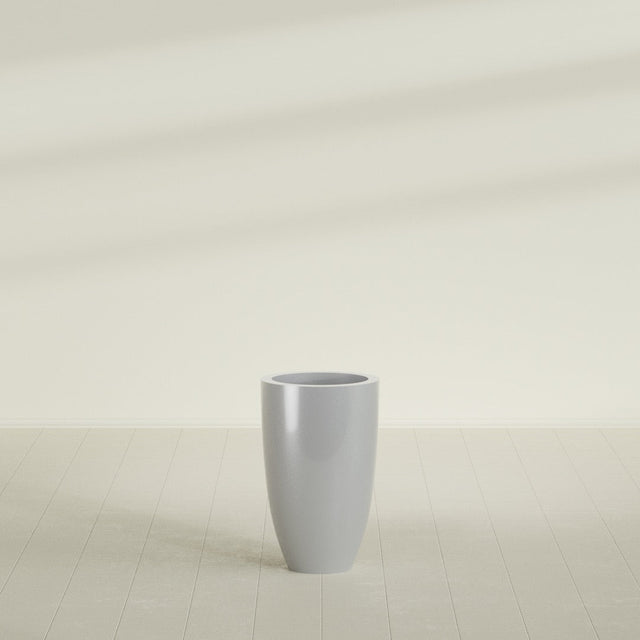 Brannan Tapered Round Planter in Metallic Silver, 18"D × 29"H, shown empty