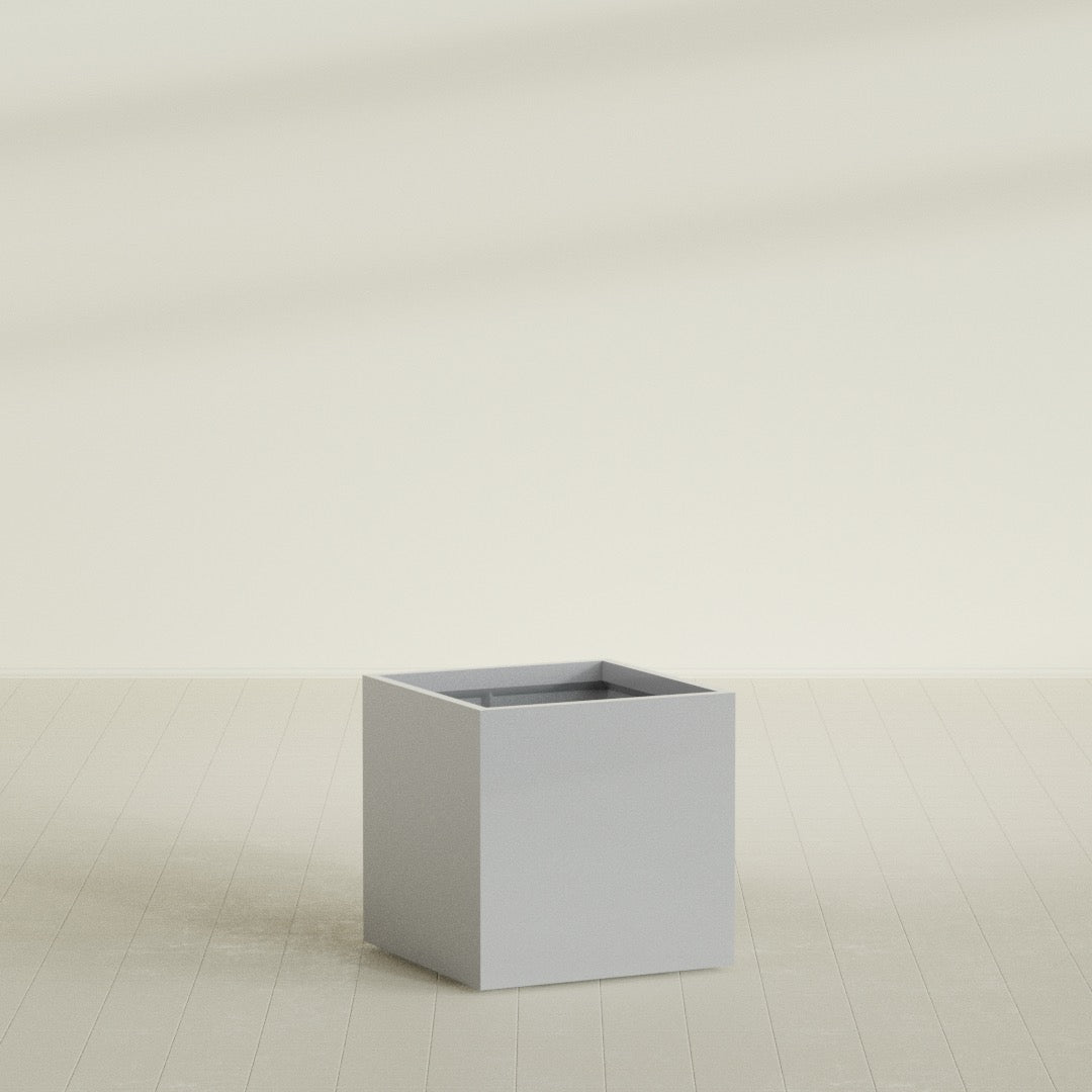 Montroy Cube Planter in Metallic Silver, 32", shown empty