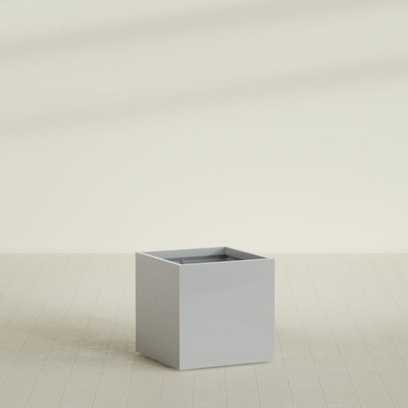 Montroy Cube Planter in Metallic Silver, 32", shown empty