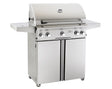 AOG L Series Portable Gas Grills stainless steel outdoor grill with four control knobs and side shelves on white background