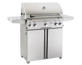 AOG L Series Portable Gas Grills stainless steel outdoor grill with four control knobs and side shelves on white background