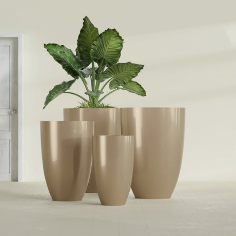 Brannan Tapered Round fiberglass planter in Gloss Metallic Gold, size range, in a sunlit interior