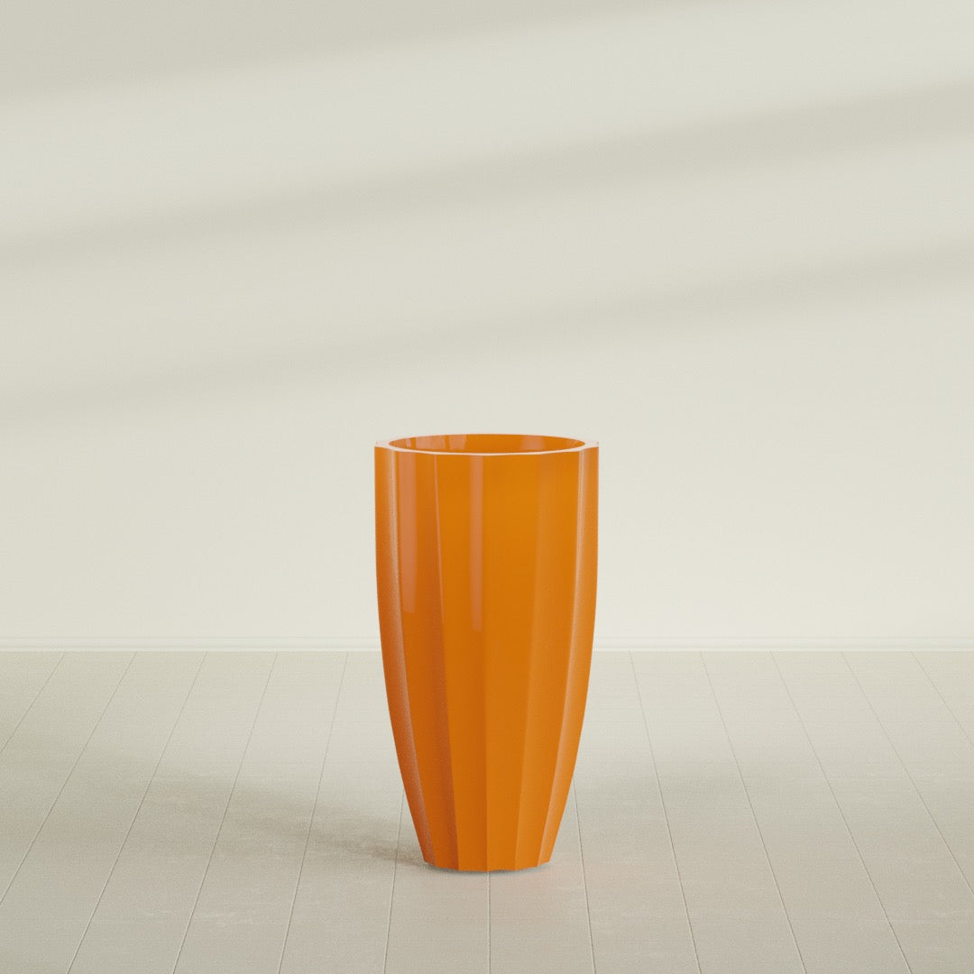 San Jose Tall Fluted Planter in Gloss Tangerine, 22"D × 40"H, shown empty