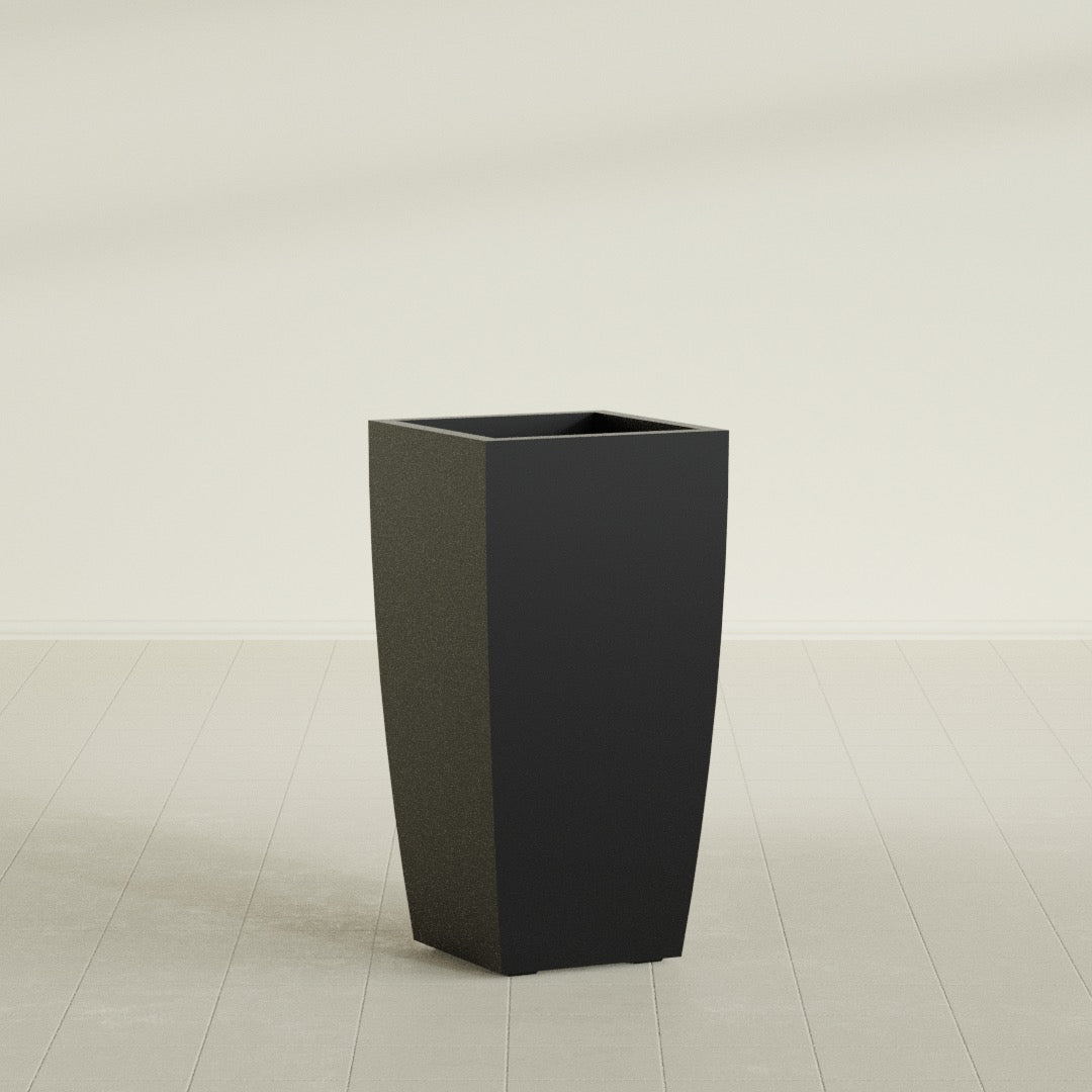 Toulan Tapered Square Planter in Matte Black, 18"W × 36"H, shown empty