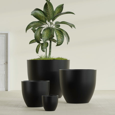 Wannsee Round fiberglass planter in Matte Black, size range, in a sunlit interior