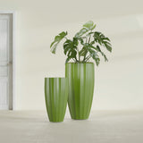 San Jose Tall Fluted fiberglass planter in Satin Green, size range, in a sunlit interior