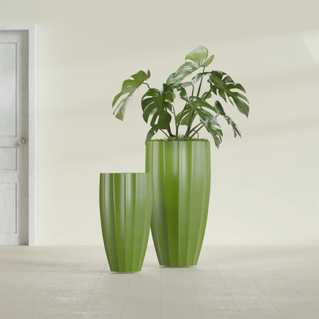 San Jose Tall Fluted fiberglass planter in Satin Green, size range, in a sunlit interior