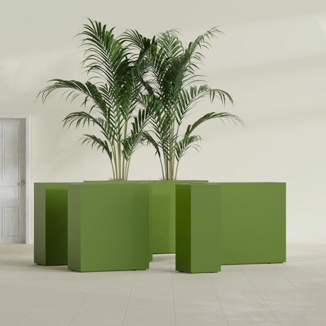 Perth Corner fiberglass planter in Satin Green, size range, in a sunlit interior