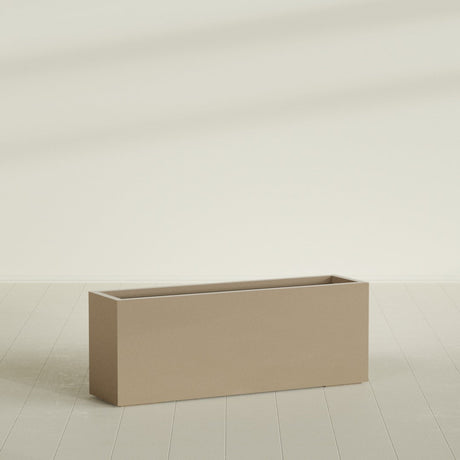 Miami Narrow Rectangular Planter in Gloss Metallic Gold, 48"L × 12"D × 18"H, shown empty