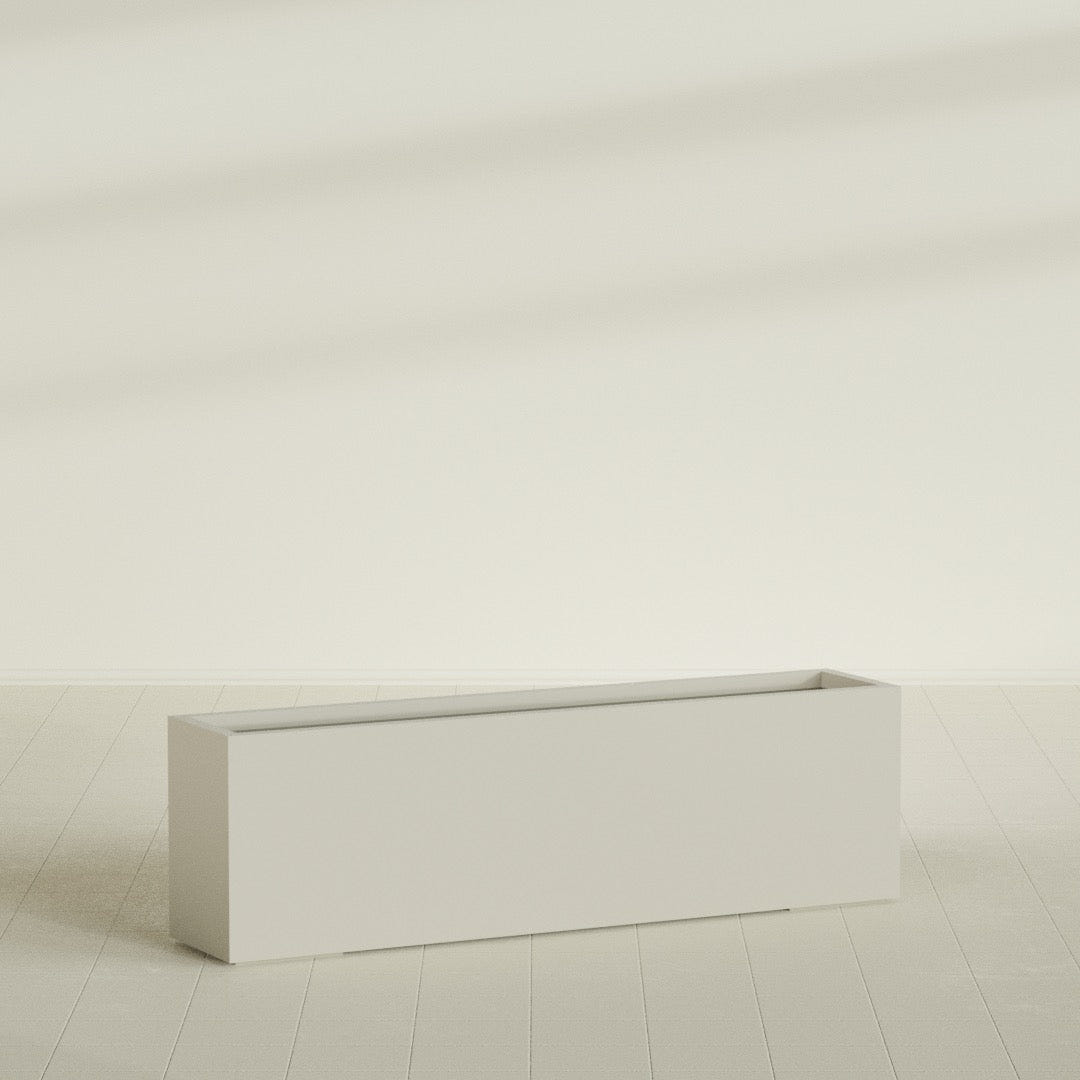 Miami Narrow Rectangular Planter in Satin Beige, 60"L × 12"D × 18"H, shown empty