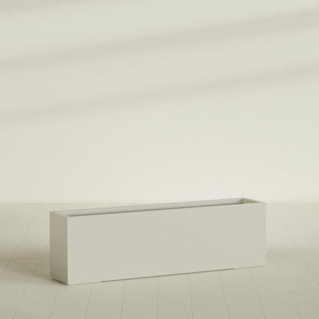Miami Narrow Rectangular Planter in Satin Beige, 60"L × 12"D × 18"H, shown empty