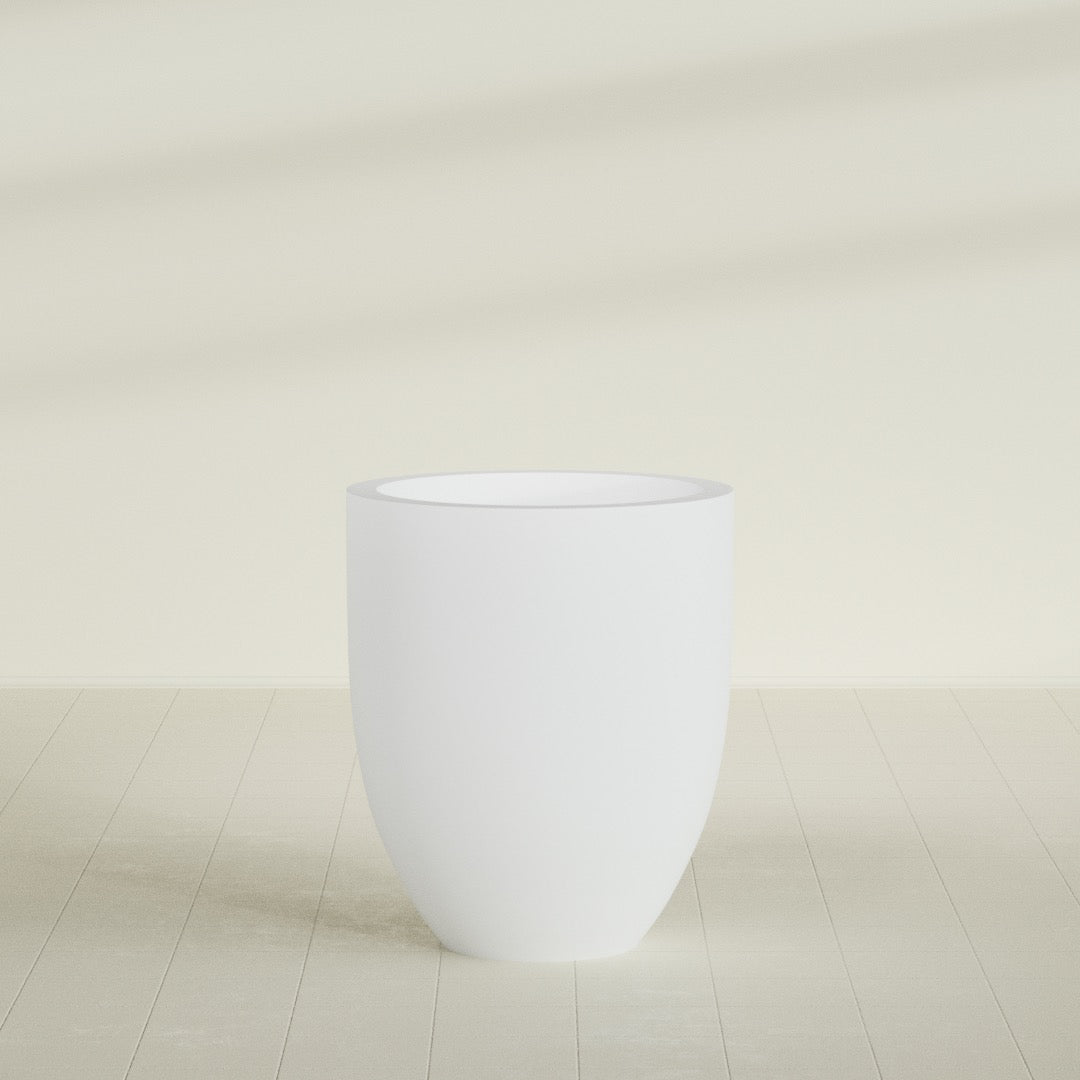 Valencia Tapered Round Planter in Gloss Bright White, 27"D × 31"H, shown empty