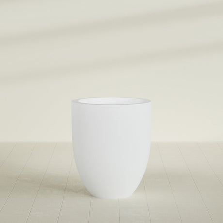 Valencia Tapered Round Planter in Gloss Bright White, 27"D × 31"H, shown empty