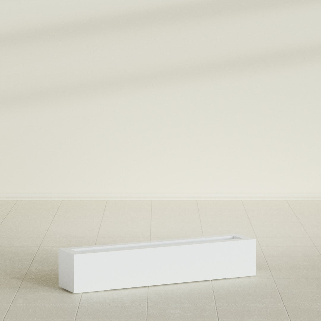 Salon Box Planter in Matte Bright White, 42" Long, shown empty