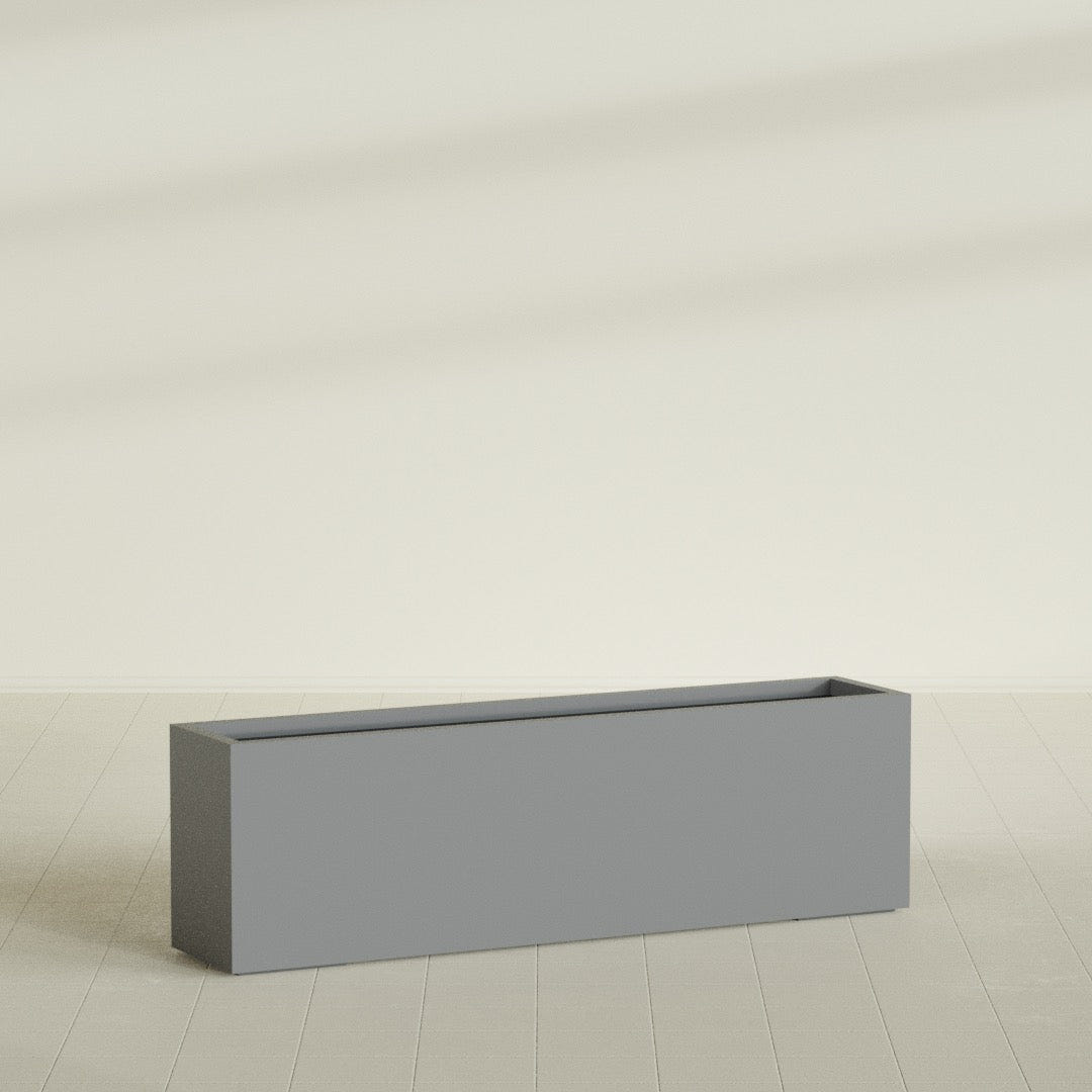 Miami Narrow Rectangular Planter in Matte Gunmetal, 60"L × 12"D × 18"H, shown empty