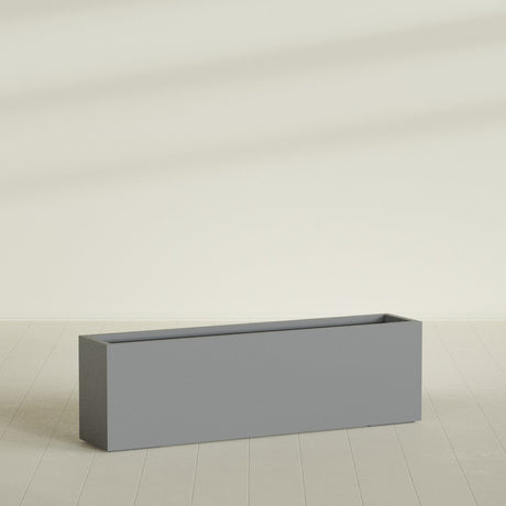 Miami Narrow Rectangular Planter in Matte Gunmetal, 60"L × 12"D × 18"H, shown empty