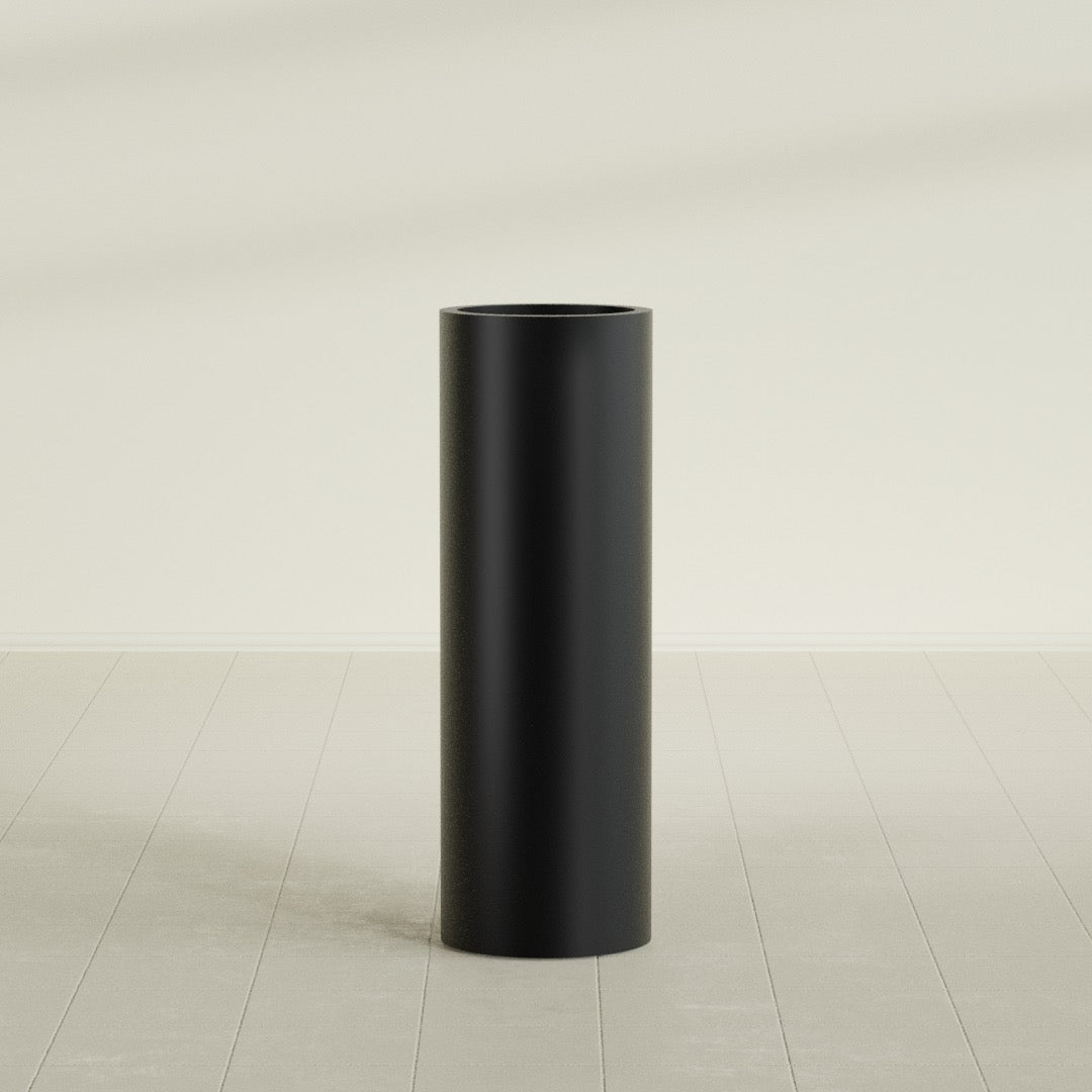 Corry Cylinder Planter in Matte Black, 12"D × 36"H, shown empty