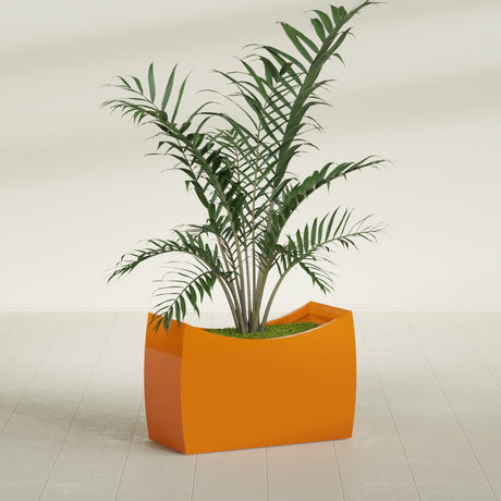 Seoul Curved fiberglass planter in Gloss Tangerine, shown planted, in a sunlit interior