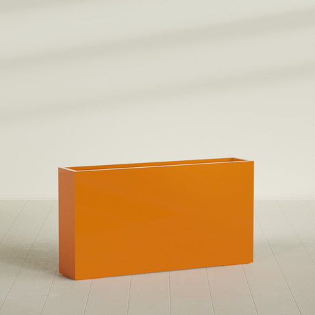 Delray Rectangular Planter in Gloss Tangerine, 60"L × 12"D × 32"H, shown empty