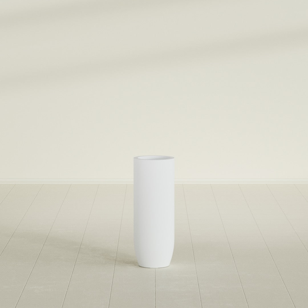 Saint Tropez Bullet Round Planter in Gloss Bright White, 12"D × 32"H, shown empty