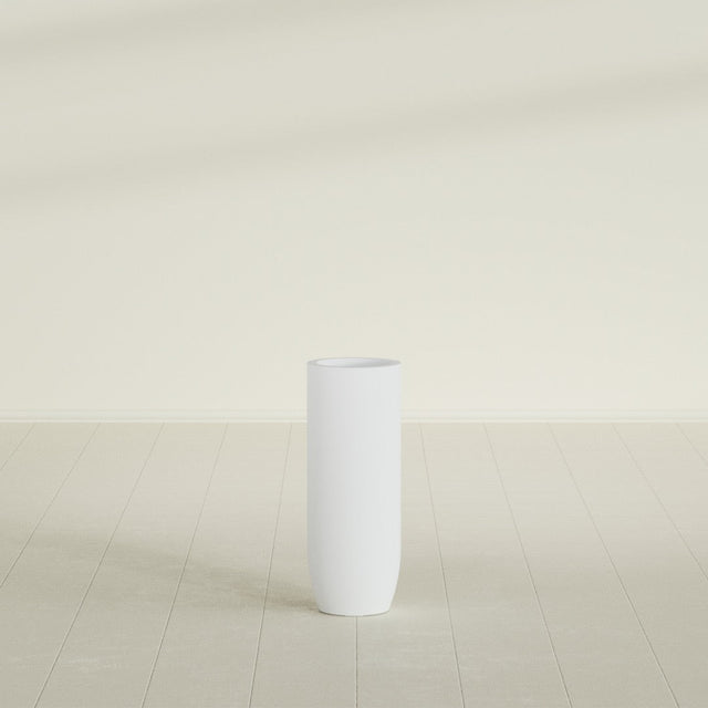 Saint Tropez Bullet Round Planter in Gloss Bright White, 12"D × 32"H, shown empty