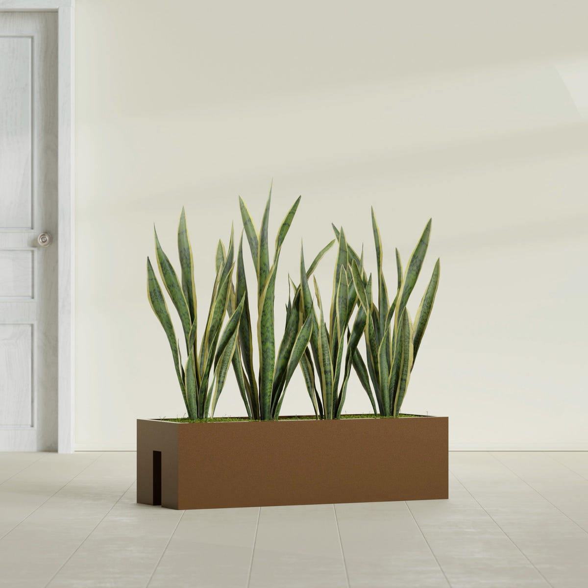 Tiergarden Railing fiberglass planter in Metallic Bronze, shown planted, in a sunlit interior
