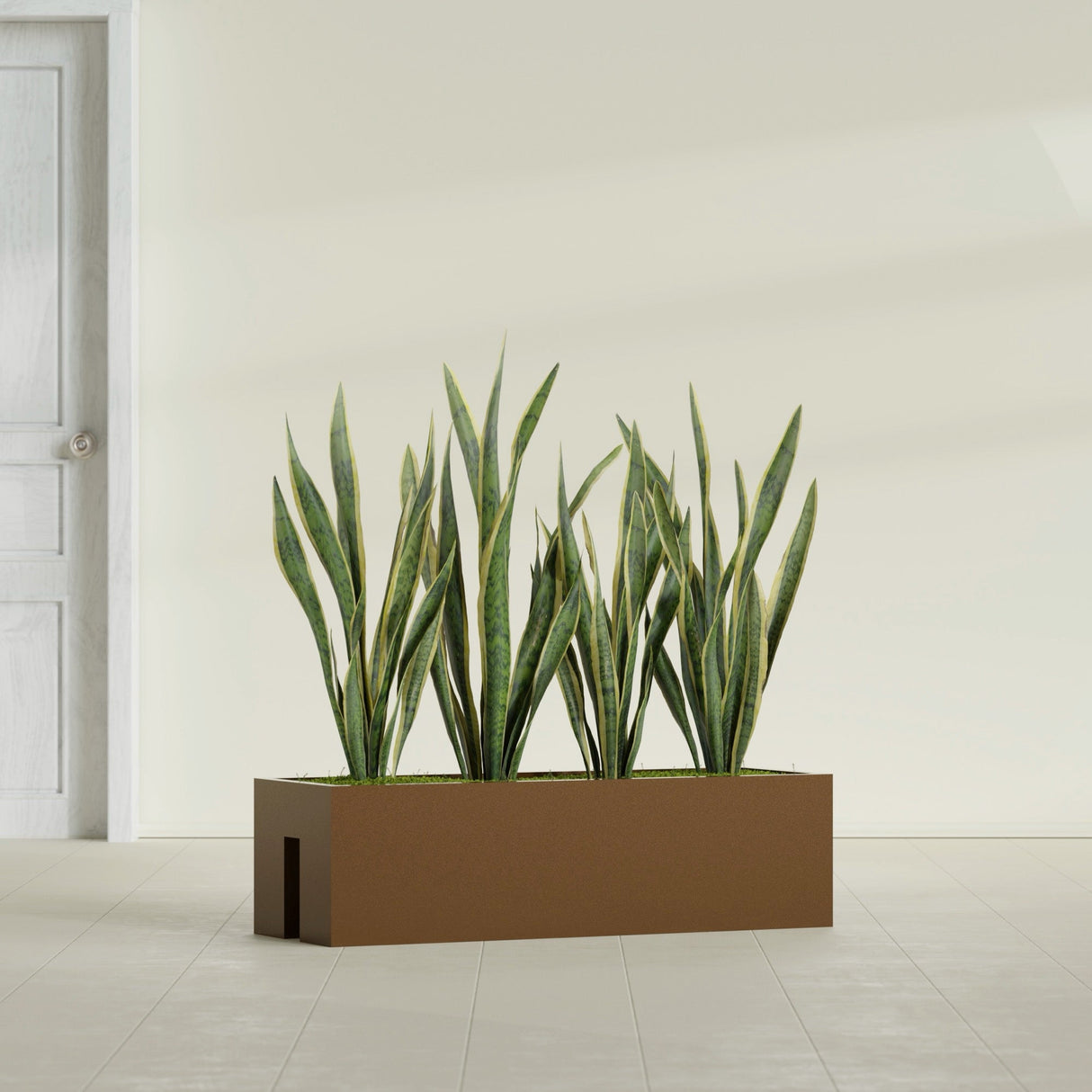 Tiergarden Railing fiberglass planter in Metallic Bronze, shown planted, in a sunlit interior