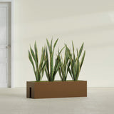 Tiergarden Railing fiberglass planter in Metallic Bronze, shown planted, in a sunlit interior
