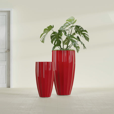 San Jose Tall Fluted fiberglass planter in Gloss Red, size range, in a sunlit interior