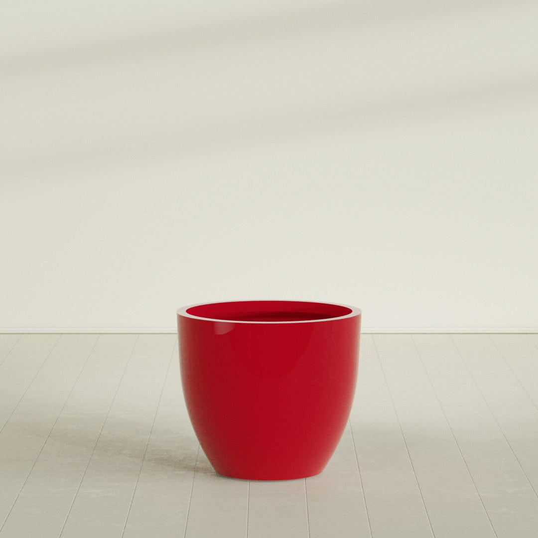 Wannsee Round Planter in Gloss Red, 39"D × 34"H, shown empty