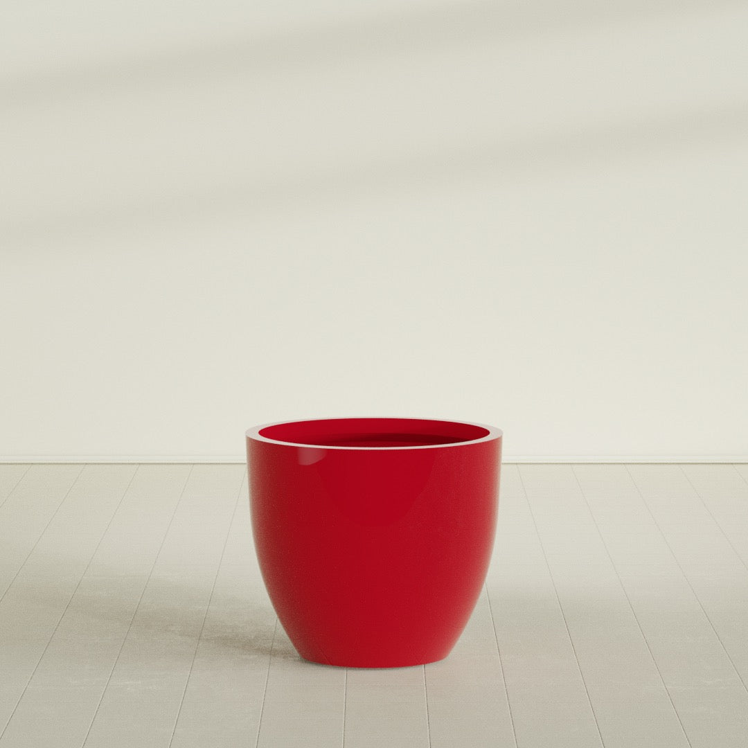 Wannsee Round Planter in Gloss Red, 39"D × 34"H, shown empty