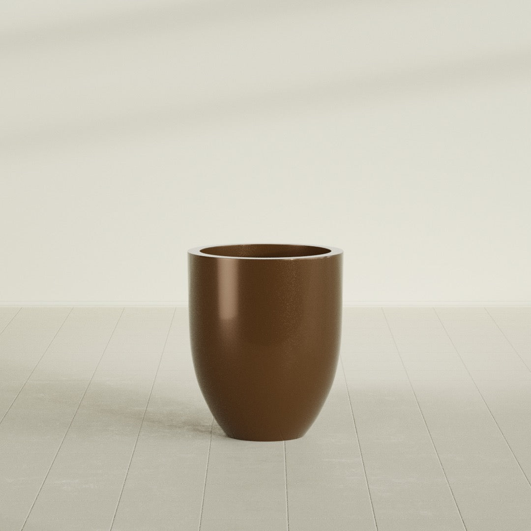 Valencia Tapered Round Planter in Metallic Bronze, 20"D × 23"H, shown empty