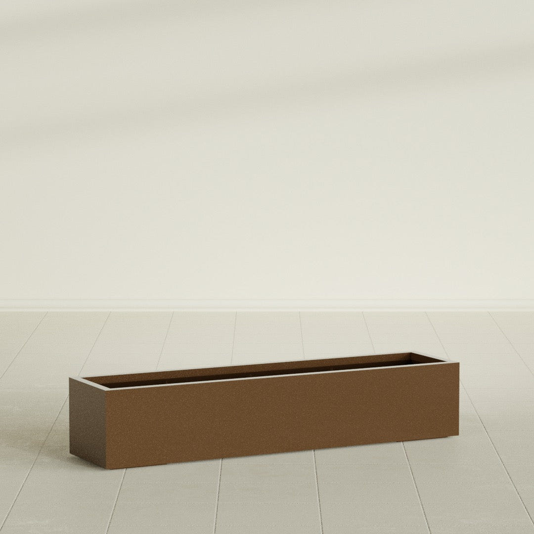 Cuba Low Rectangular Planter in Metallic Bronze, 60"L × 14"D × 12"H, shown empty