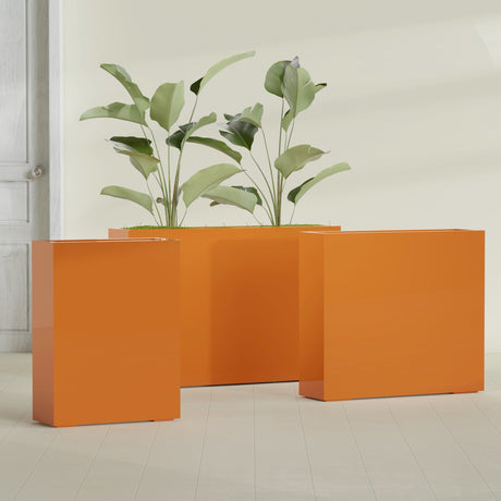 Amesbury Narrow Rectangular fiberglass planter in Gloss Tangerine, size range, in a sunlit interior