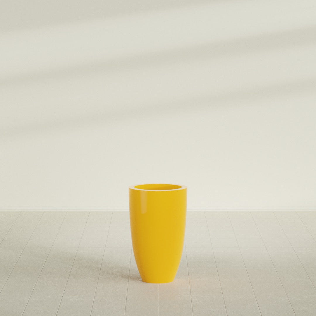 Brannan Tapered Round Planter in Gloss Saffron, 18"D × 29"H, shown empty