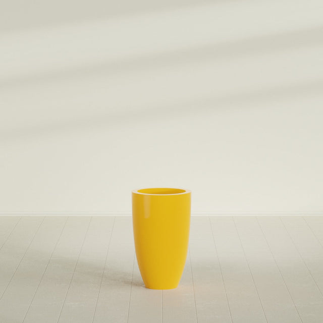 Brannan Tapered Round Planter in Gloss Saffron, 18"D × 29"H, shown empty