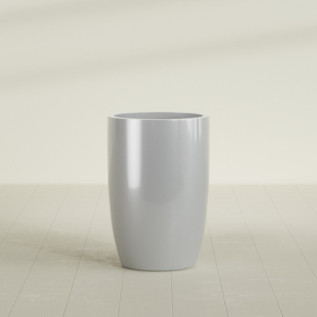 Lisbon tall round tapered fiberglass planter in Metallic Silver, 24 in diameter, 36 in high, shown empty