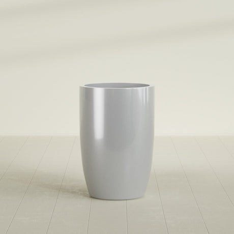 Lisbon tall round tapered fiberglass planter in Metallic Silver, 24 in diameter, 36 in high, shown empty