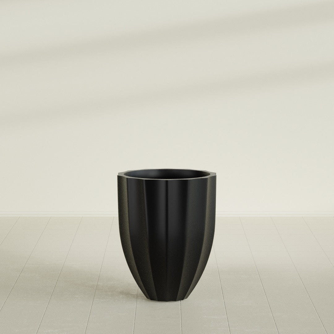 Alicante Fluted Planter in Matte Black, 22"D × 27"H, shown empty