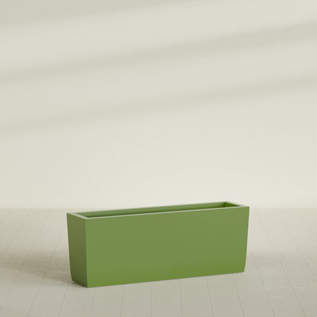Panama Tapered Rectangular Planter in Satin Green, 48"L × 12"D × 18"H, shown empty