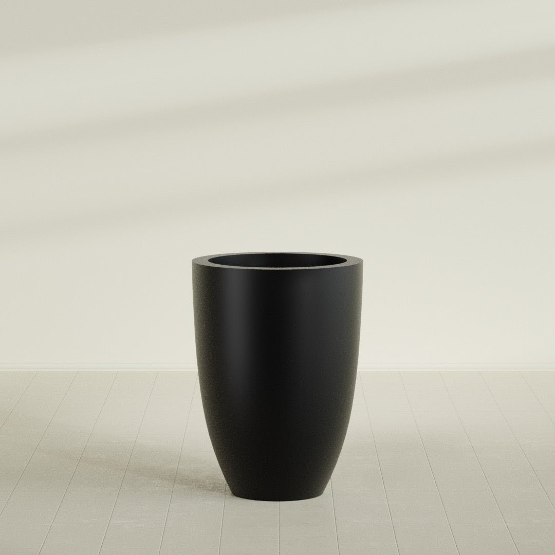 Brannan Tapered Round Planter in Matte Black, 30"D × 41"H, shown empty