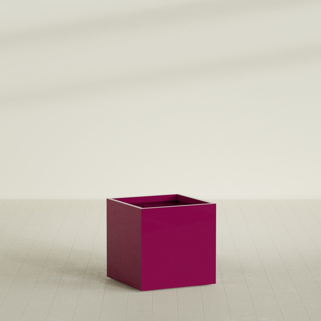 Montroy Cube Planter in Gloss Eggplant, 32", shown empty