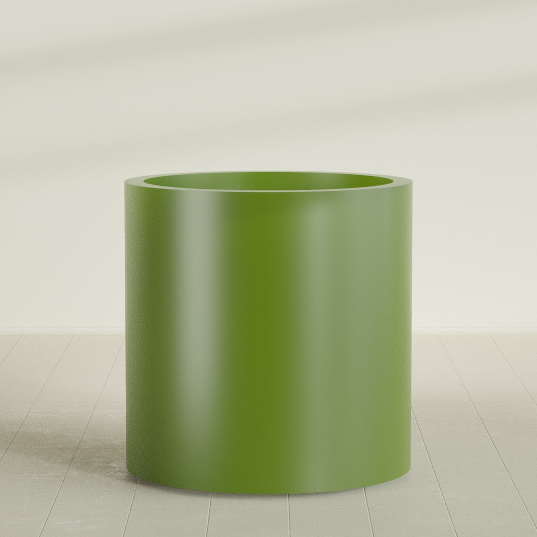 Rio Grande Cylinder Planter in Satin Green, 30"D × 32"H, shown empty