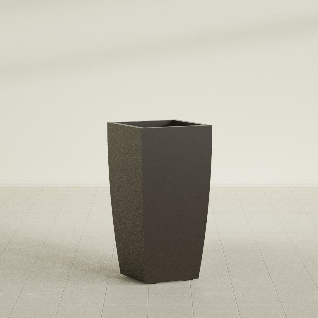 Toulan Tapered Square Planter in Matte Dark Brown, 18"W × 36"H, shown empty