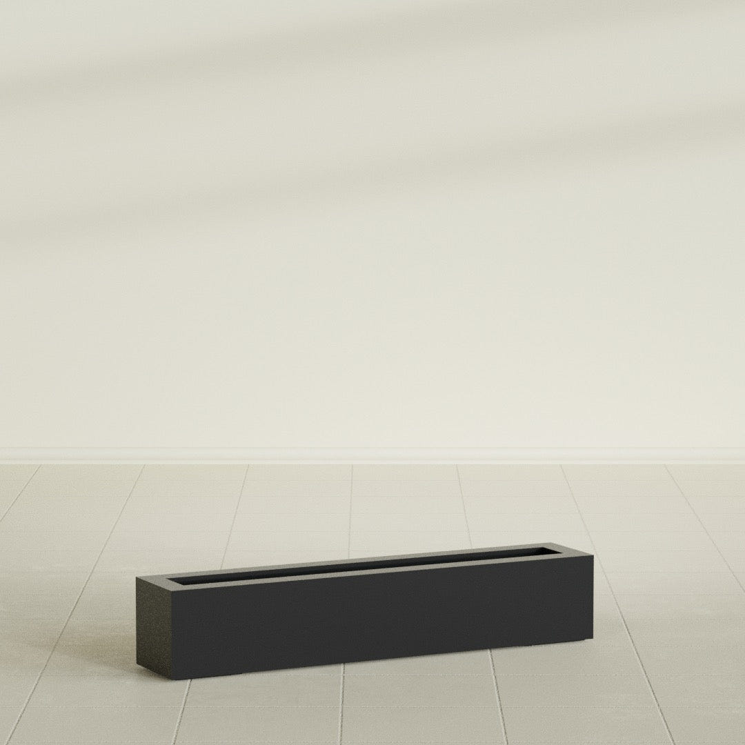 Salon Box Planter in Matte Black, 42" Long, shown empty