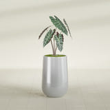 Hayden Urn fiberglass planter in Metallic Silver, shown planted, in a sunlit interior