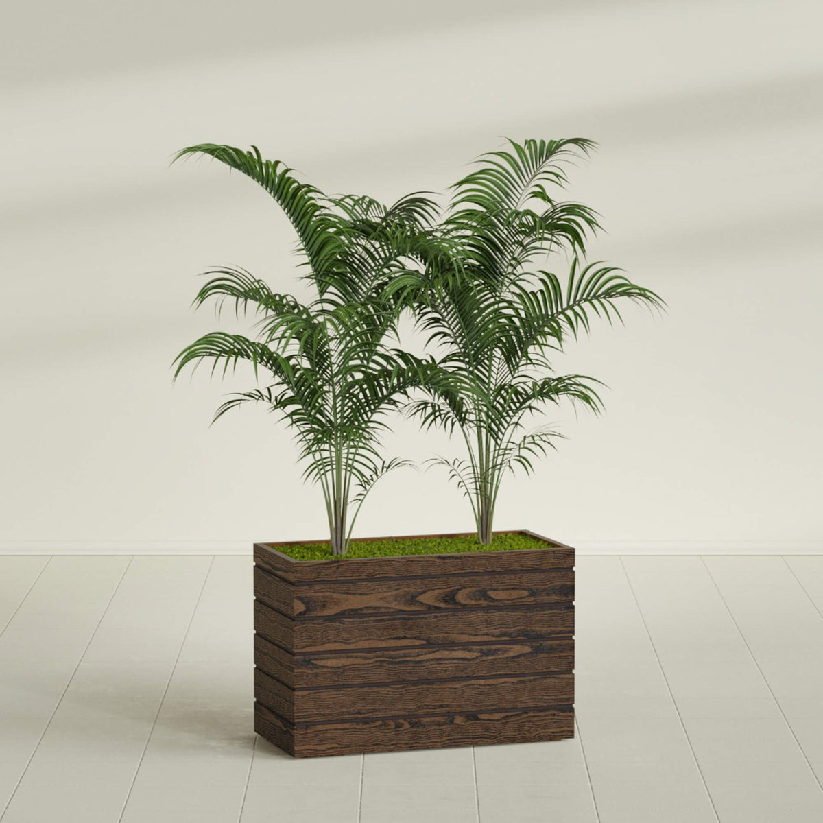 Siena wood-look rectangular fiberglass planter in a sunlit interior, planted