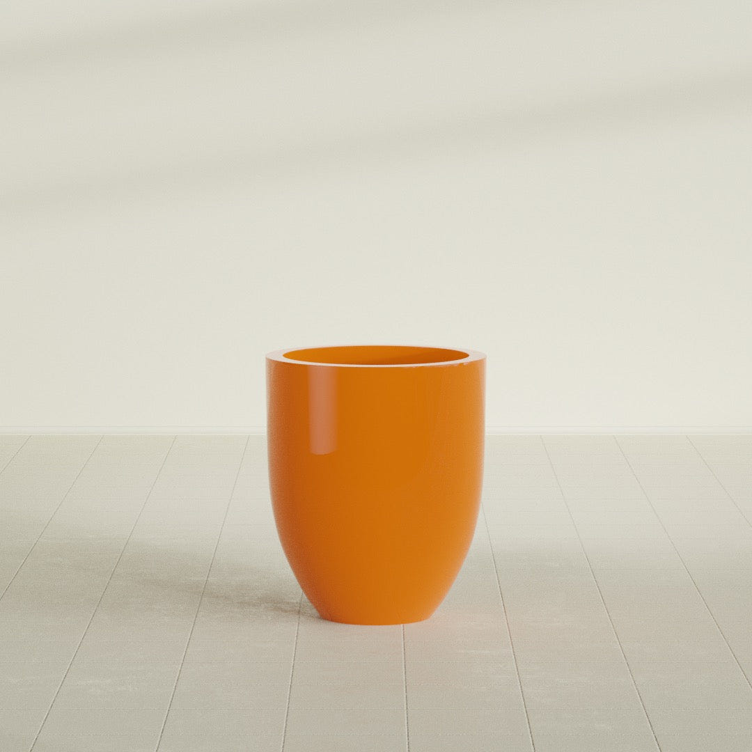 Valencia Tapered Round Planter in Gloss Tangerine, 20"D × 23"H, shown empty