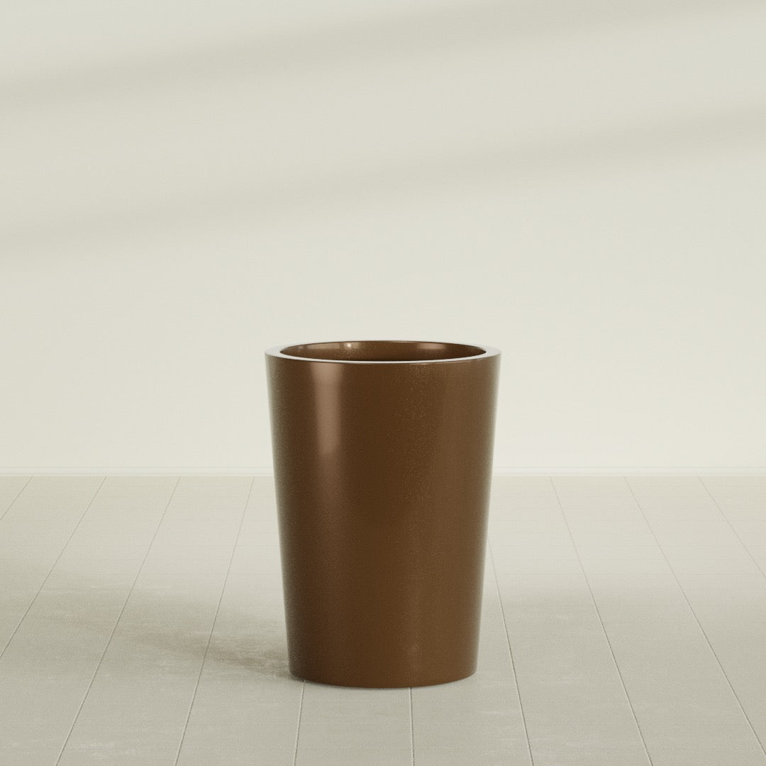 Tegel Round Tapered Planter in Metallic Bronze, 22"D × 30"H, shown empty