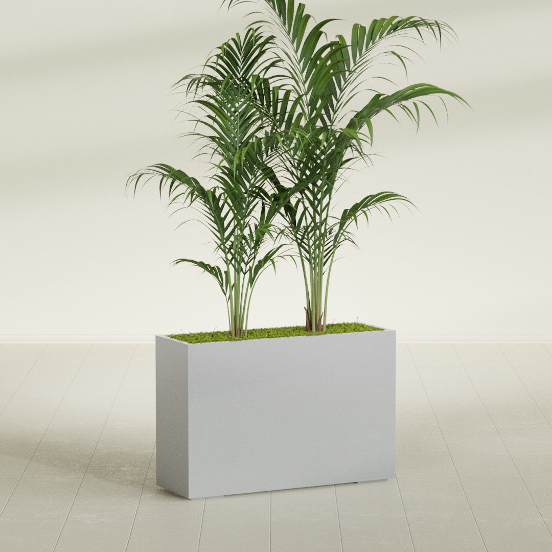 Potsdam Corner fiberglass planter in Metallic Silver, shown planted, in a sunlit interior
